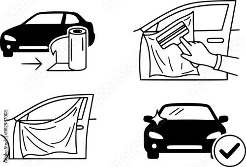 process of applying protective film for car icon, work of sticking armor film on car, car paint protection, thin line symbol