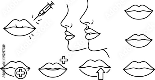 flat and linear set icons, lip augmentation procedure icon, lips