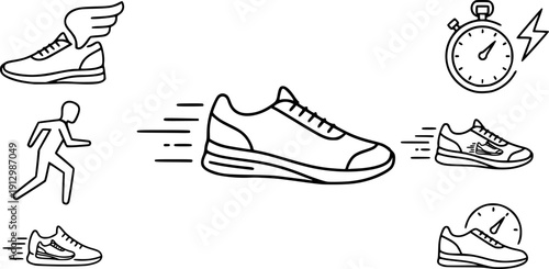 flat and linear set icons, sports shoes, speed concept, jogging footwear icon