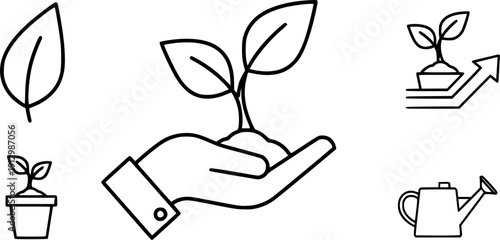 flat and linear set icons, growth plant on the hand, icon, outline leaf,