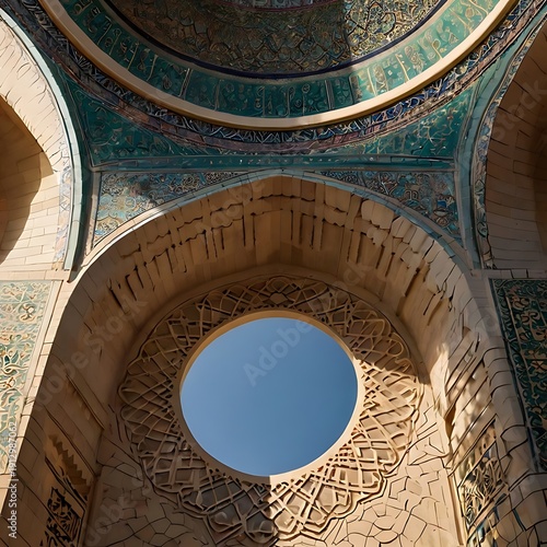Close-up detail of mosque dome with geometric patterns under soft daylight, showcasing Islamic architecture and sacred design harmony.