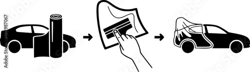 process of applying protective film for car icon, work of sticking armor film on car, car paint protection, thin line symbol