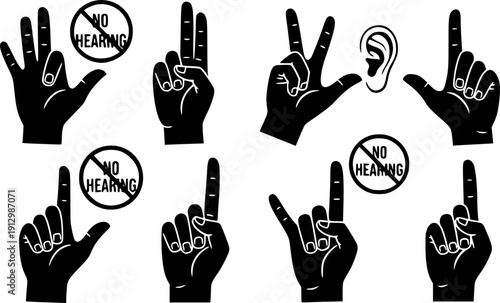sign language for the deaf icon, human hands gestures, no hearing illustration
