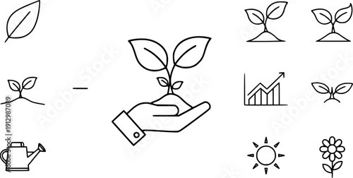 flat and linear set icons, growth plant on the hand, icon, outline leaf,