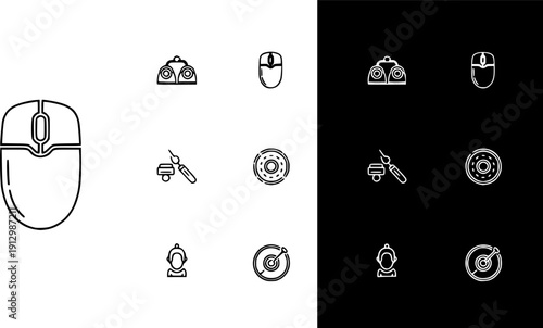 flat and linear set icons, icon of computer mouse, simple symbols on white and black background - editable stroke vector illustration
