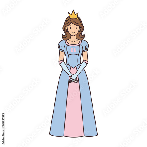 Cartoon Princess with Crown and Blue Dress