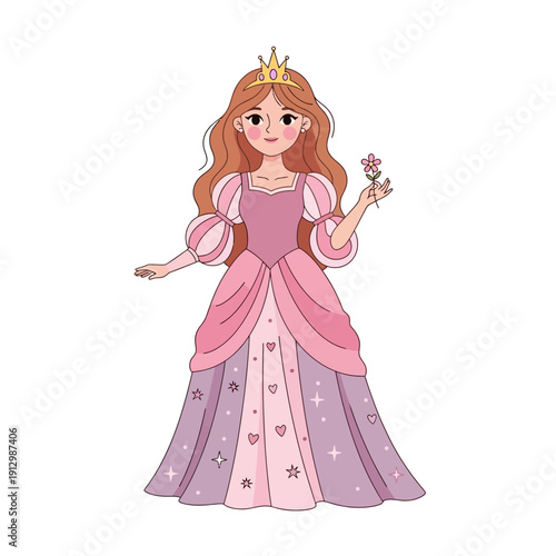 Cartoon Princess with Tiara and Flower, Fairytale Character Illustration