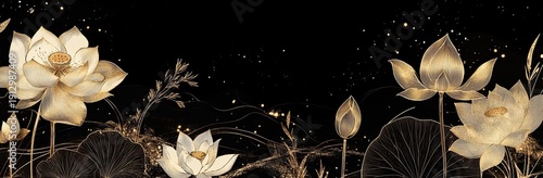 Abstract lotus flowers and leaves in gold line art on a black background
