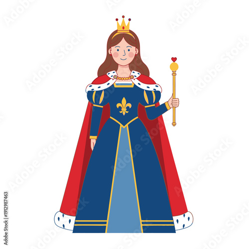 Cartoon Queen Wearing Crown and Royal Blue Dress with Scepter, Vector Illustration