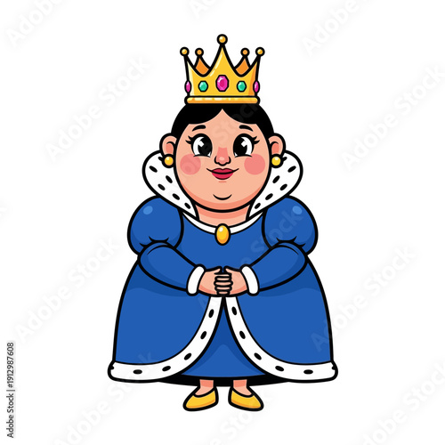 Cartoon Queen with Crown and Blue Royal Robe - Isolated on White