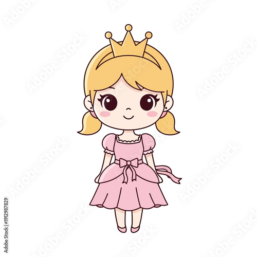 Cute Cartoon Princess Girl in Pink Dress and Golden Crown, Vector Illustration