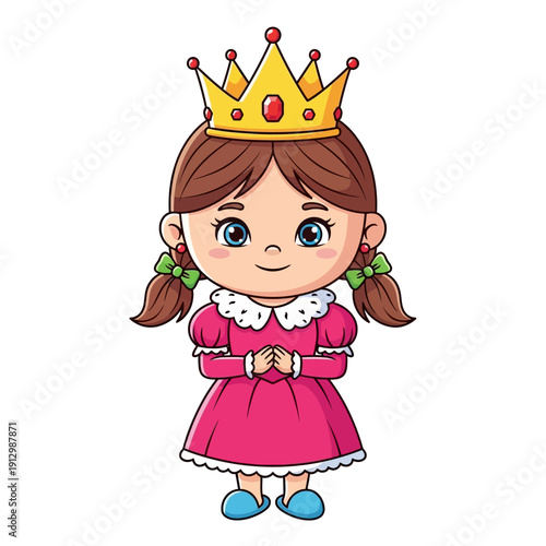 Cute Cartoon Princess Girl with Gold Crown and Pink Dress
