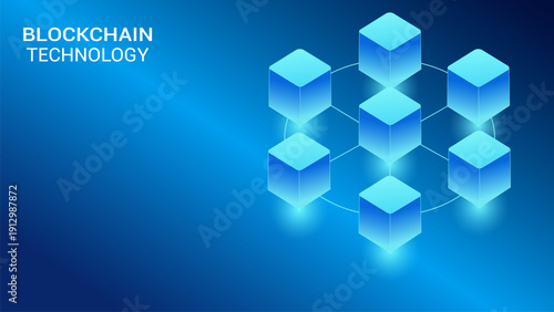 Blockchain technology concept with glowing blue cubes on a gradient background