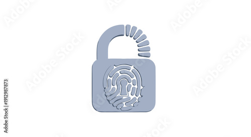 This 3D rendering of an unlocked padlock with a fingerprint icon symbolizes digital security, biometric authentication, and data protection.