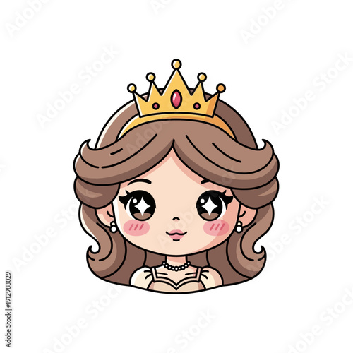 Cute Cartoon Princess Portrait with Crown and Pearls