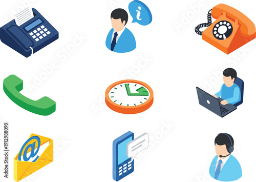 Business Communication Icon Set with Phone Call, Customer Support, Contact Person, Email, Time Management, and Remote Work Vector Elements