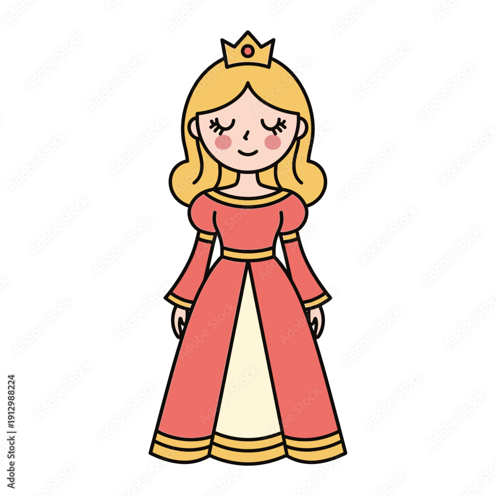 Fototapeta premium Cute Cartoon Princess Wearing a Red Dress and Crown, Isolated on White