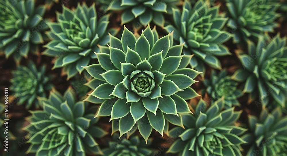 Fototapeta premium Cluster of green succulent plants with thick fleshy leaves in natural light overhead view vibrant green colors