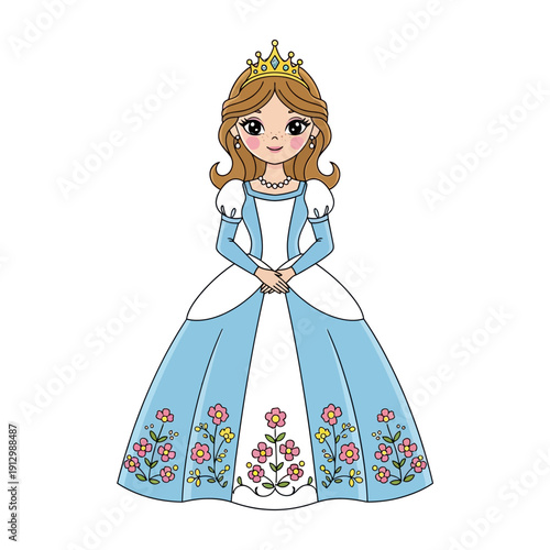 Cute cartoon princess wearing blue gown with flowers, golden crown, fairytales