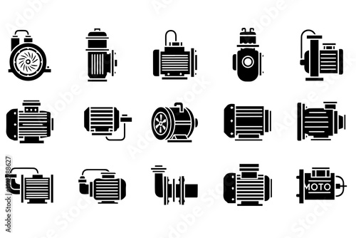 Fotografie Electric Motor and Water Pump Icon Set - Industrial Machinery and Engineering Ve