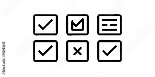 Collection of square checkbox icons with various marks including check, x, and text