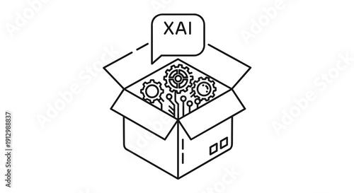 An illustrative line art icon depicts an open box containing gears and circuit board elements, symbolizing explainable artificial intelligence (XAI) and its transparent, interpretable nature.