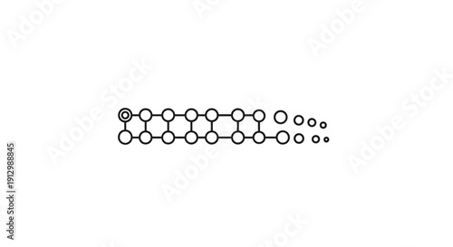 Minimalist black and white graphic design featuring connected circles, forming an abstract pattern that suggests data flow or network connections.