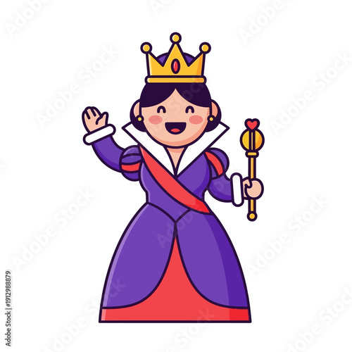 Cute Cartoon Queen Waving Hand Holding Scepter, Royal Character Illustration