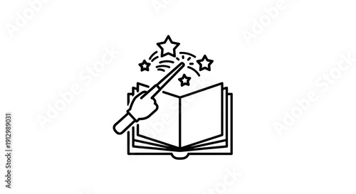 An enchanting black and white line art illustration depicts a magical wand casting sparkling stars over an open spellbook, symbolizing imagination, storytelling, and fantasy.