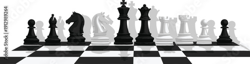 Chess Board with Black and White Pieces Illustration for Strategy Games, Intelligence Concepts, Business Planning, Competition, and Vector Design Graphics