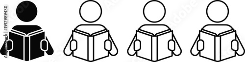 Minimalist reading icons set showing people holding open books in solid and outline styles for education literacy concepts and learning