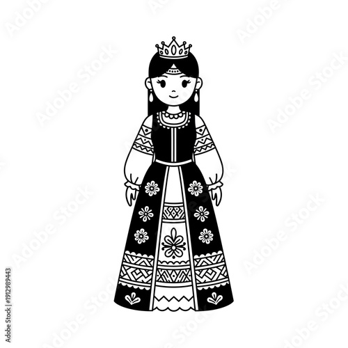 Cute Princess Crowned Illustration in Folk Dress, Black and White Cartoon
