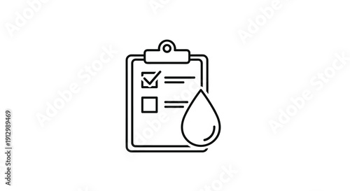 A clean line art illustration depicts a clipboard with a checklist and a water droplet, symbolizing water quality testing and assessment.