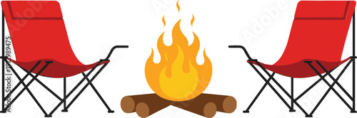 Camping Chairs and Campfire Illustration for Outdoor Recreation, Travel Adventures, Summer Holidays, Nature Getaways, and Cozy Vector Design Concepts
