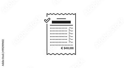 A minimalist black and white icon depicts a detailed receipt with a checkmark, symbolizing successful financial transactions and completed payments.