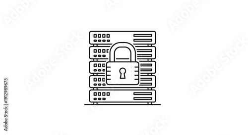 This line art illustration depicts a secure server rack, symbolizing robust data protection and cybersecurity measures for digital infrastructure.