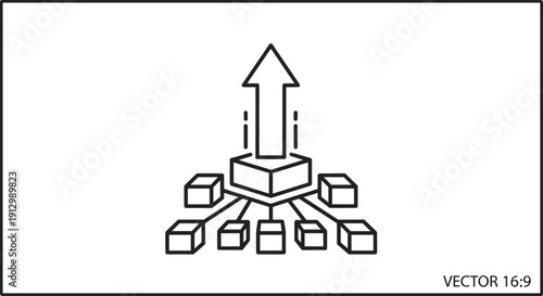 This clean line art illustration depicts a central block with multiple smaller blocks feeding into it, symbolizing data aggregation and upward progression.