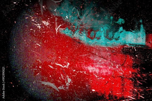 Bild auf Leinwand Abstract red and turquoise artistic background with messy paint splashes and whi