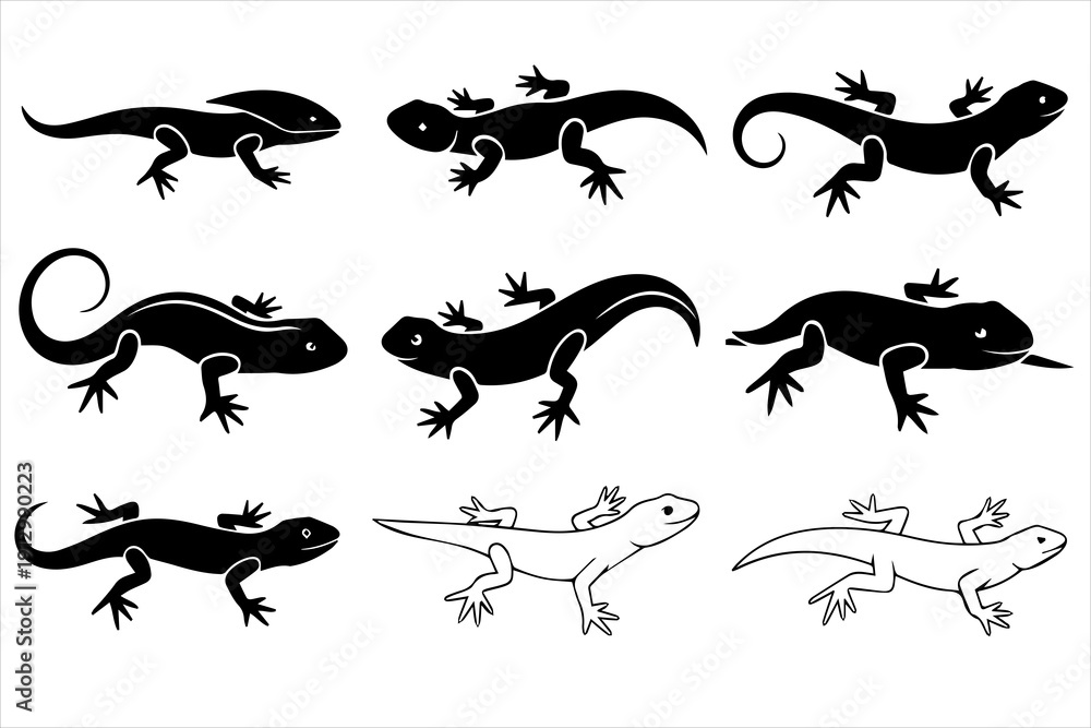 Obraz premium Lizard and Salamander Vector Icon Set - Reptile and Amphibian Silhouette Illustrations