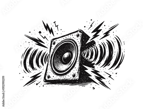 Dynamic grunge speaker with vibrant sound waves and electric energy