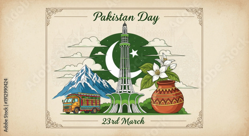 Pakistan day celebration with iconic landmarks and symbols including minar e pakistan mountains bus pot and floral elements on a vintage background