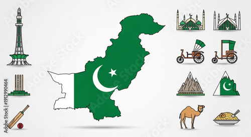 Pakistan map with national symbols and icons including landmarks transportation and cuisine representing culture and travel