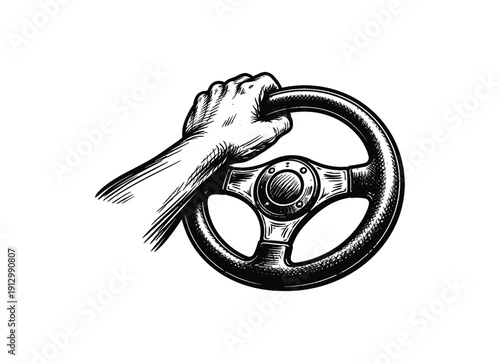 Hand gripping a classic car wheel in retro style drawing
