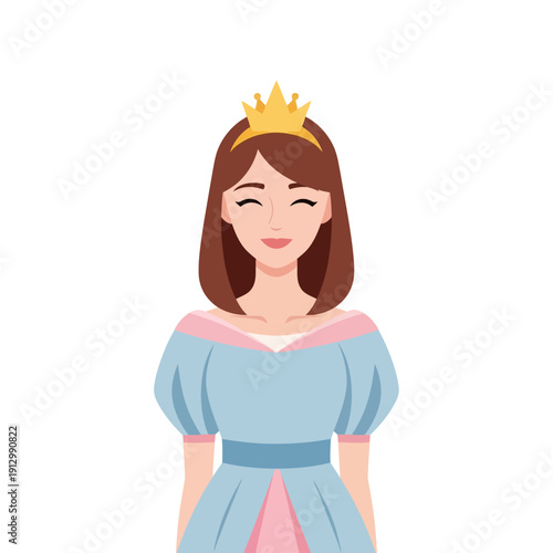 Happy Cartoon Princess with Golden Crown and Blue Dress