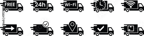 Collection of black delivery truck with various service symbols free