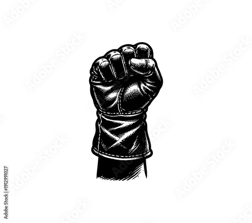 Retro style black boxing glove fist symbolizing strength and determination in sports
