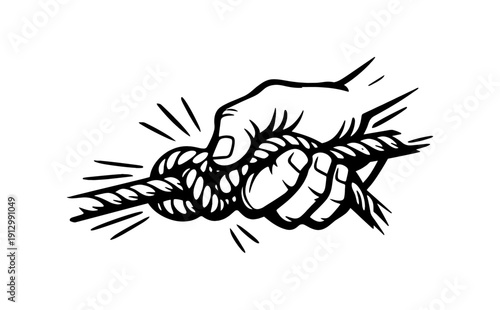 Hand gripping tight knot in rope drawing with dynamic lines on white background