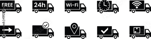 Set of ten black delivery truck with various service symbols free wifi