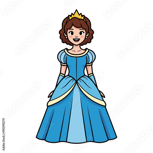 Cartoon Princess in Blue Gown and Golden Crown, Fairytale Character