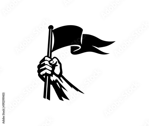 Bold silhouette of raised fist holding flag in striking black and white design